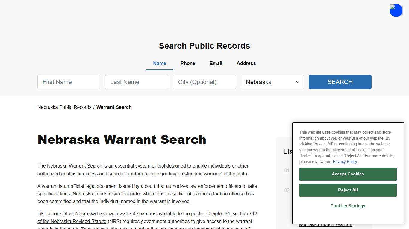 Nebraska Warrant Search and Records